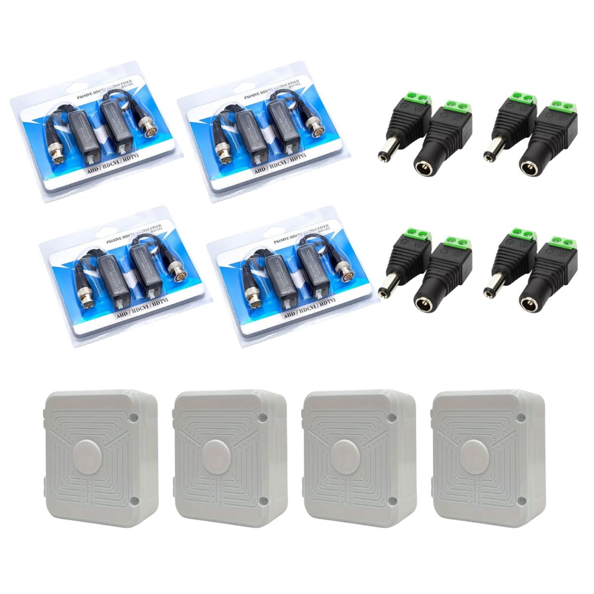 GENERICO - Pack de 4 Pares de Video Balun 1080p + 4 Pares de Conectores DC + Caja Estanca.