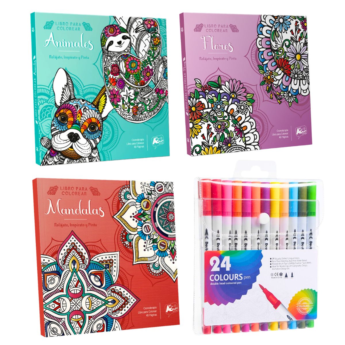 PRONOBEL - Box Regalo Set 3 Libros Mandalas + 24 Lápices Doble Punta