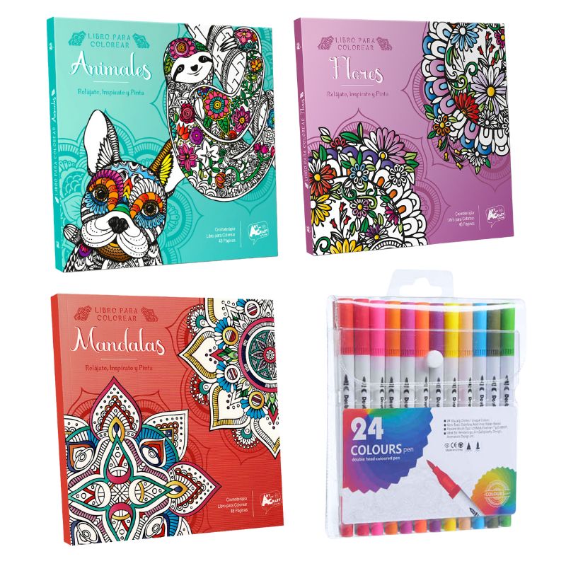 PRONOBEL - Box Regalo Set 3 Libros Mandalas + 24 Lápices Doble Punta
