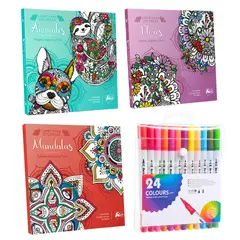 PRONOBEL - Box Regalo Set 3 Libros Mandalas + 24 Lápices Doble Punta