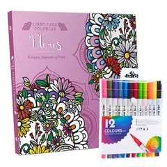 PRONOBEL - Libro Mandala Flores + 12 Plumones Doble Punta Fina/gruesa