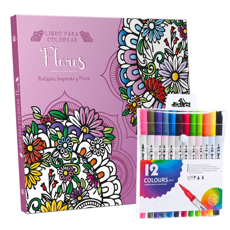 PRONOBEL - Libro Mandala Flores + 12 Plumones Doble Punta Fina/gruesa