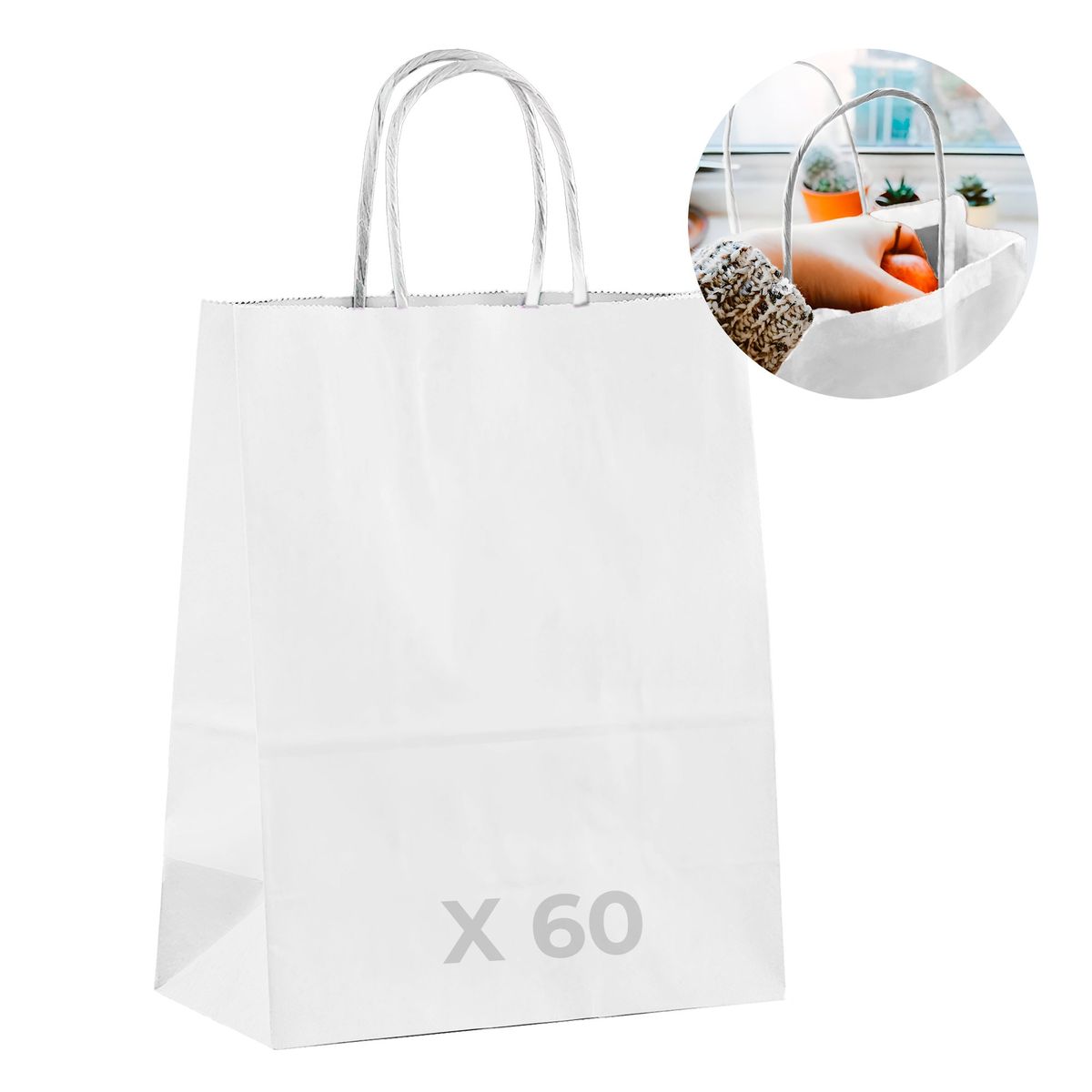 GENERICO - Bolsa Papel Kraft Ecológica Blanco 28X15X28 CM Pack X60