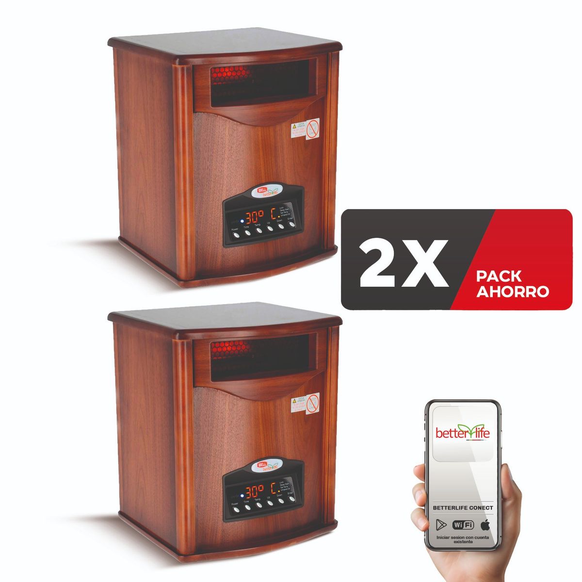 BETTERLIFE - Estufa Eléctrica Infrarroja Madera (2 UNIDADES) UV 70 m2 WiFi