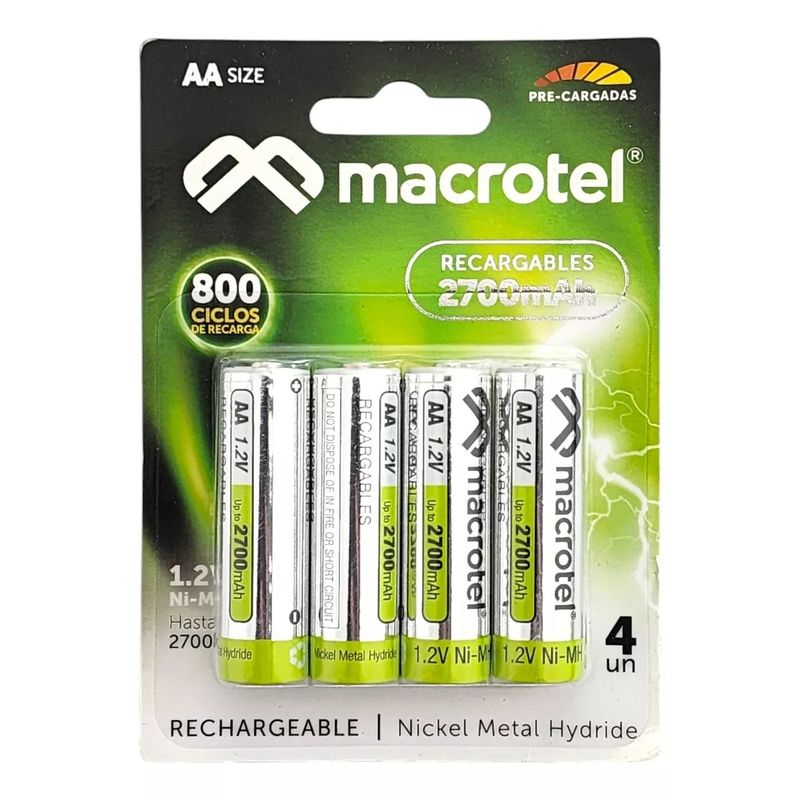 GENERICO - Paquete de 4 Baterías Recargables AA 1.2V Macrotel 2700mAh