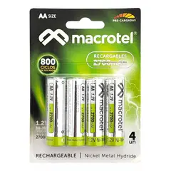 GENERICO - Paquete de 4 Baterías Recargables AA 1.2V Macrotel 2700mAh