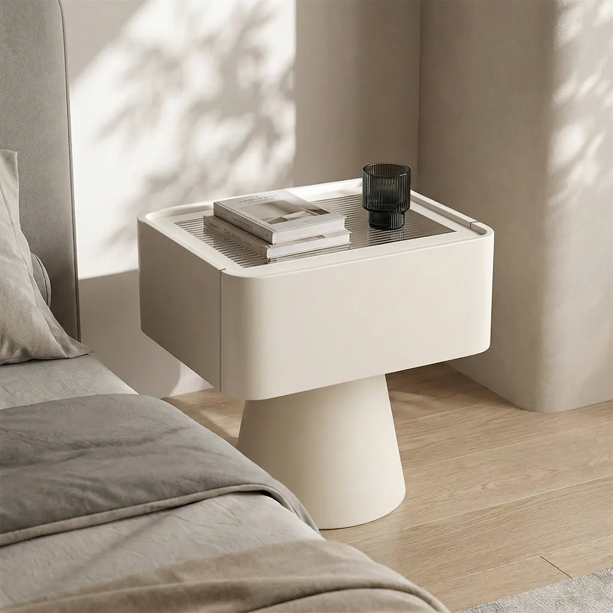 SANTU HOME & DECO - Velador Moderno Cajón Estilo Nórdico Blanco Blanco
