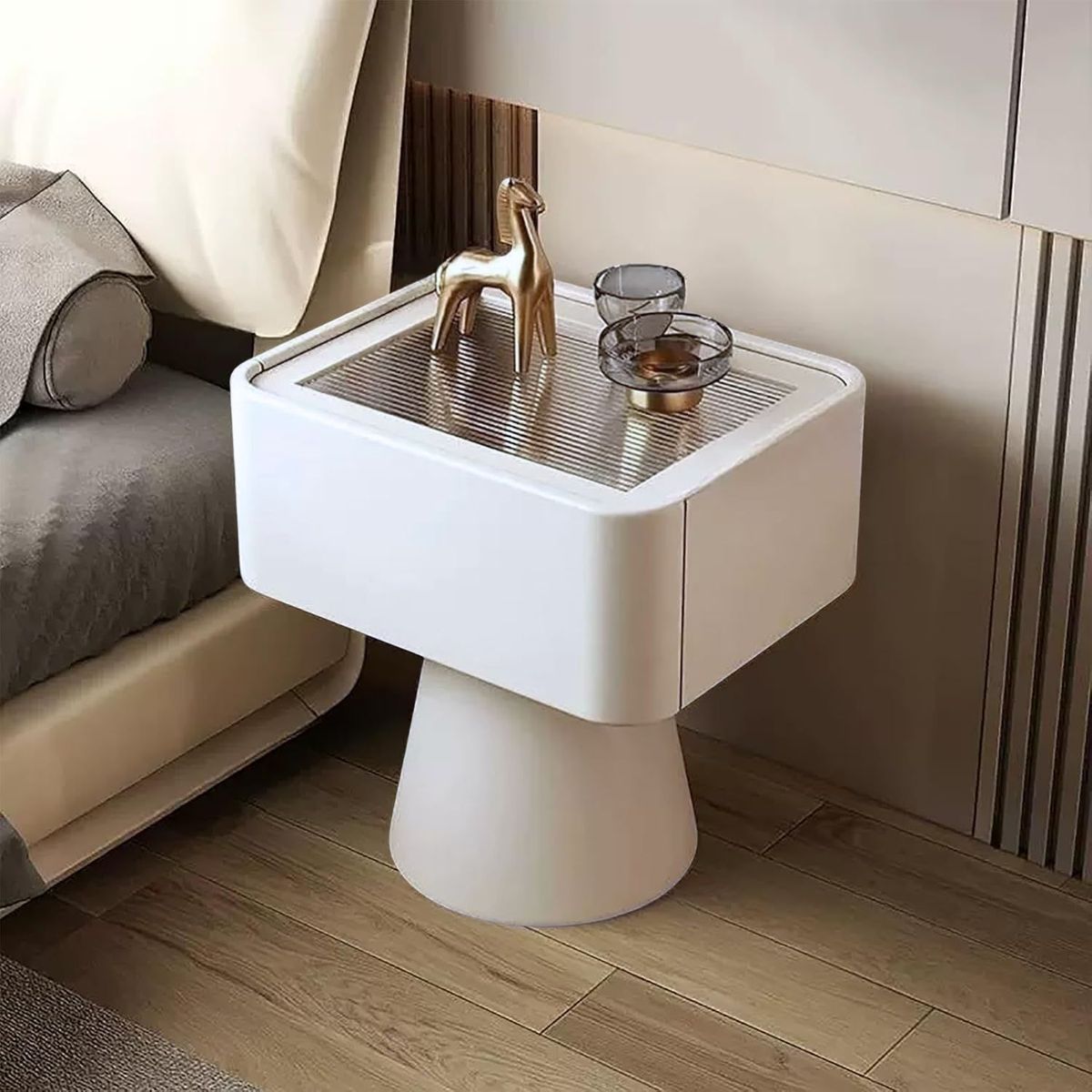 SANTU HOME & DECO - Velador Moderno Cajón Estilo Nórdico Blanco Blanco