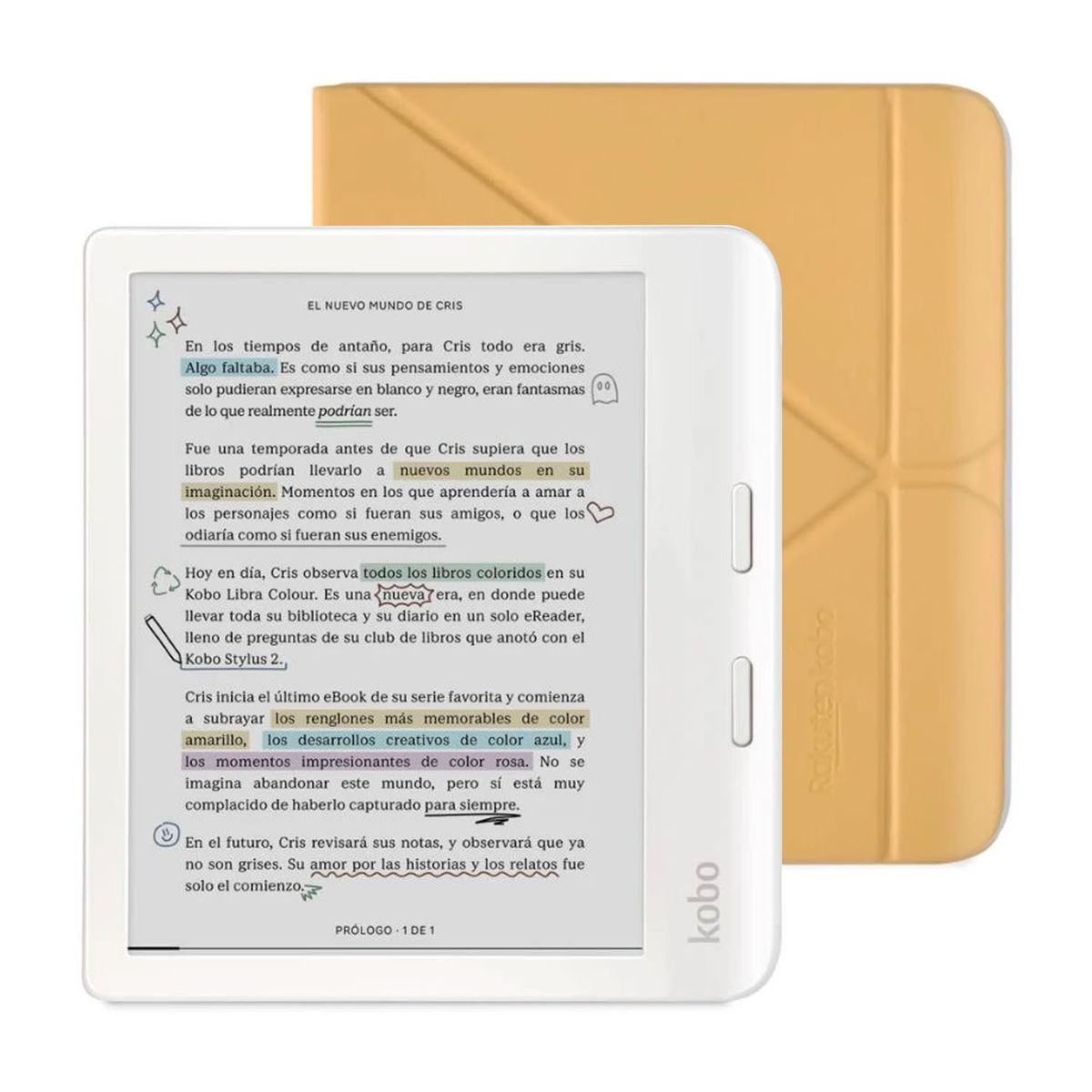 KOBO - Lector Ereader Kobo Libra Colour Blanco con Funda SleepCover Amarillo