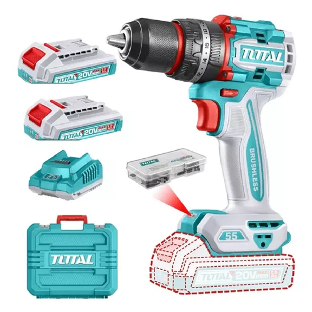 TOTAL TOOLS - Taladro Atornillador Percutor 20v 2bat+carg Total Tidli20558