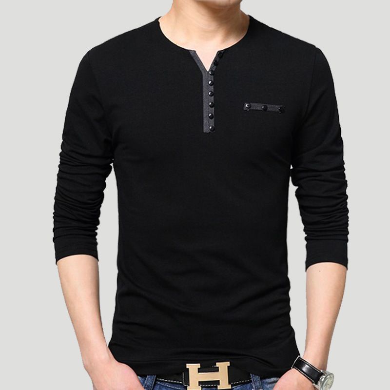 XHCY - Camisetas manga larga algodón v-cuello para hombre-negro