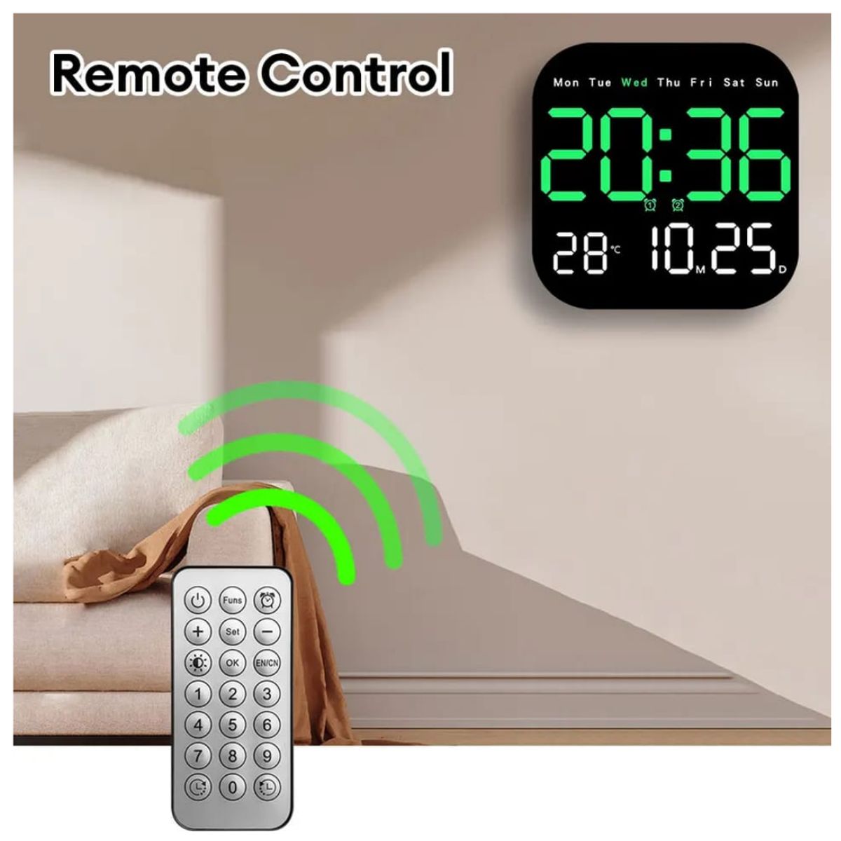 OEM - RELOJ DIGITAL DE PARED CUADRADO CON CONTROL REMOTO - Verde - M