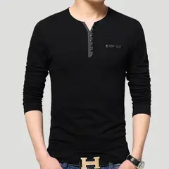 XHCY - Camisetas manga larga algodón v-cuello para hombre-negro