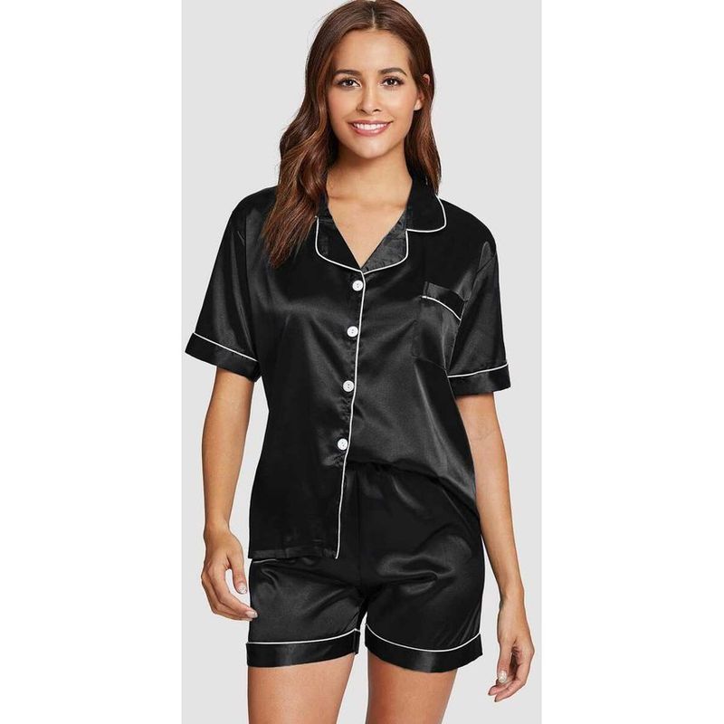 XHCY - Conjunto de pijama de satén con botón en contraste - negro