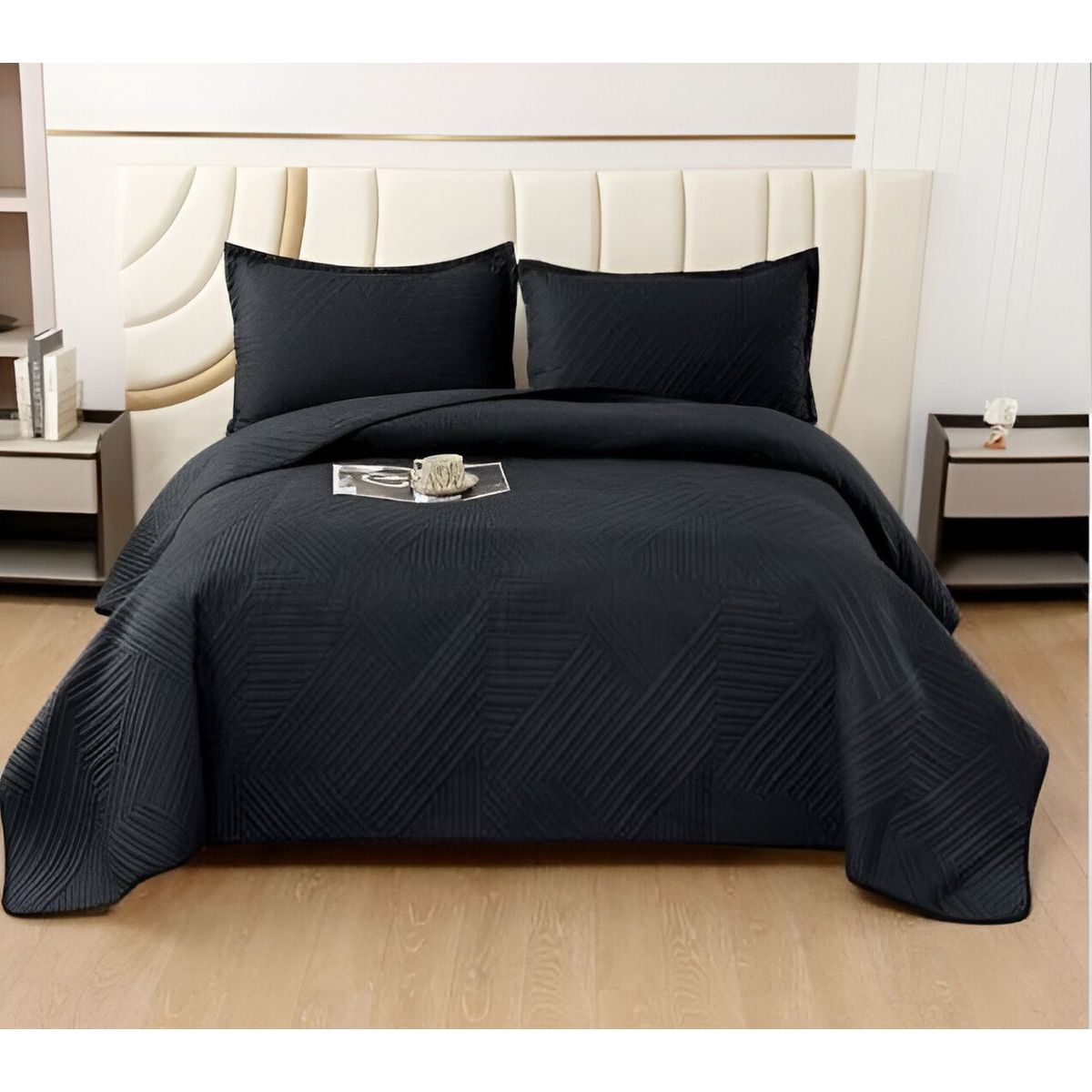 GENERICO - QUILT DE LUJO CUBRECAMA VERANO PLAZA Y MEDIA NEGRO