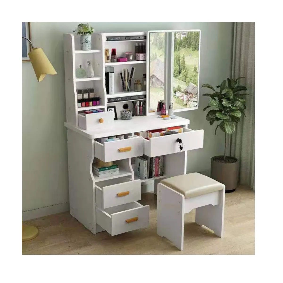 GENERICO - Tocador Con Taburete Blanco Y Espejo Giratorio 138x80x40cm NL31-36