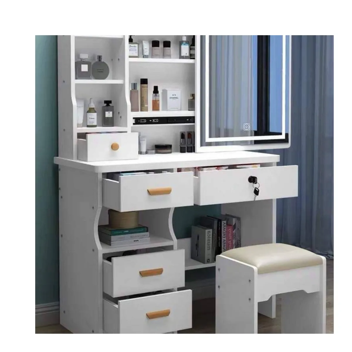 GENERICO - Tocador Con Taburete Blanco Y Espejo Giratorio 138x80x40cm NL31-36