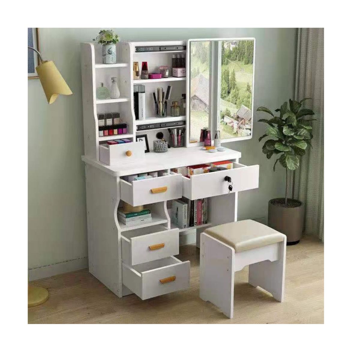 GENERICO - Tocador Con Taburete Blanco Y Espejo Giratorio 138x80x40cm NL 31-36