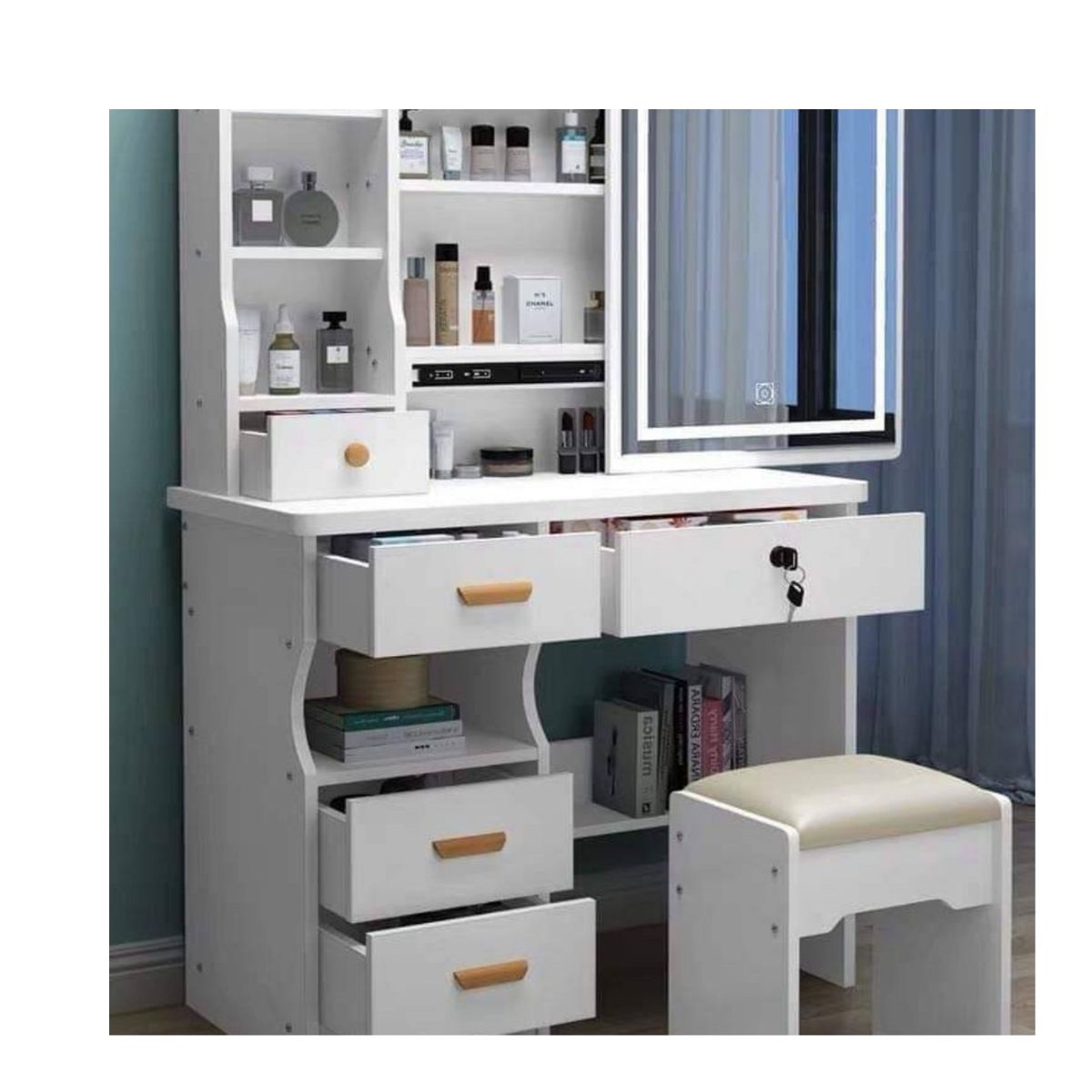 GENERICO - Tocador Con Taburete Blanco Y Espejo Giratorio 138x80x40cm NL 31-36