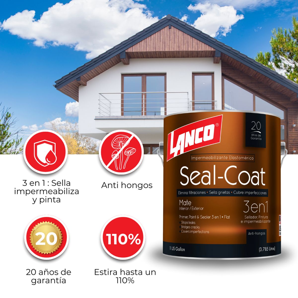 LANCO - Lanco Seal-Coat Mate1GL Pintura 3en1 Elastomérica Protección Superior