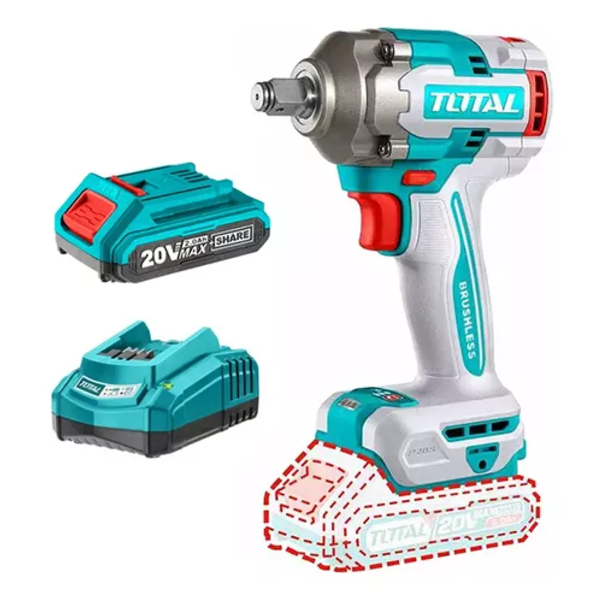 TOTAL TOOLS - Taladro Pistola Llave Impacto 20v Bat+ Carg Total Tiwli20401