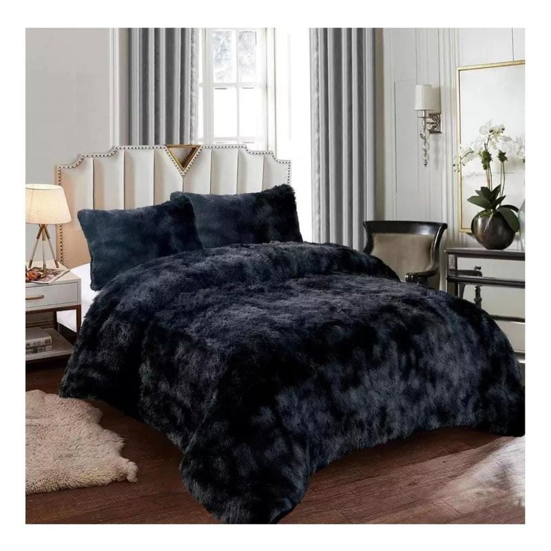 GENERICO - Cubrecama Chiporro Invierno Peludo Negro Jaspeado 2 plazas + dos funda