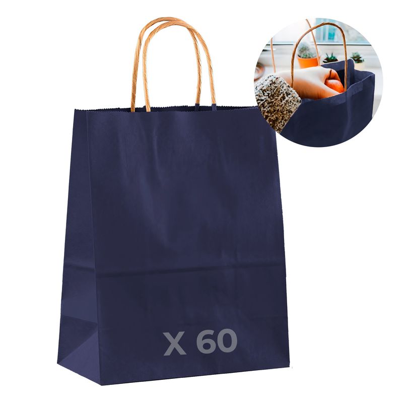 GENERICO - Bolsa Papel Kraft Ecológica Azul Marino 21X11X27 CM Pack X60