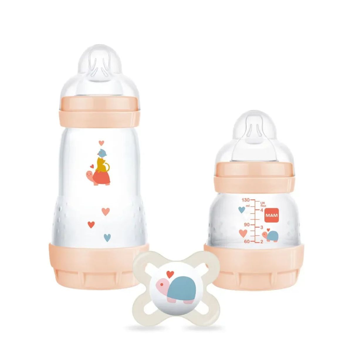 MAM - Set Recién Nacido 2 Mamaderas más Chupete MAM Naranjo - Diseño Variado