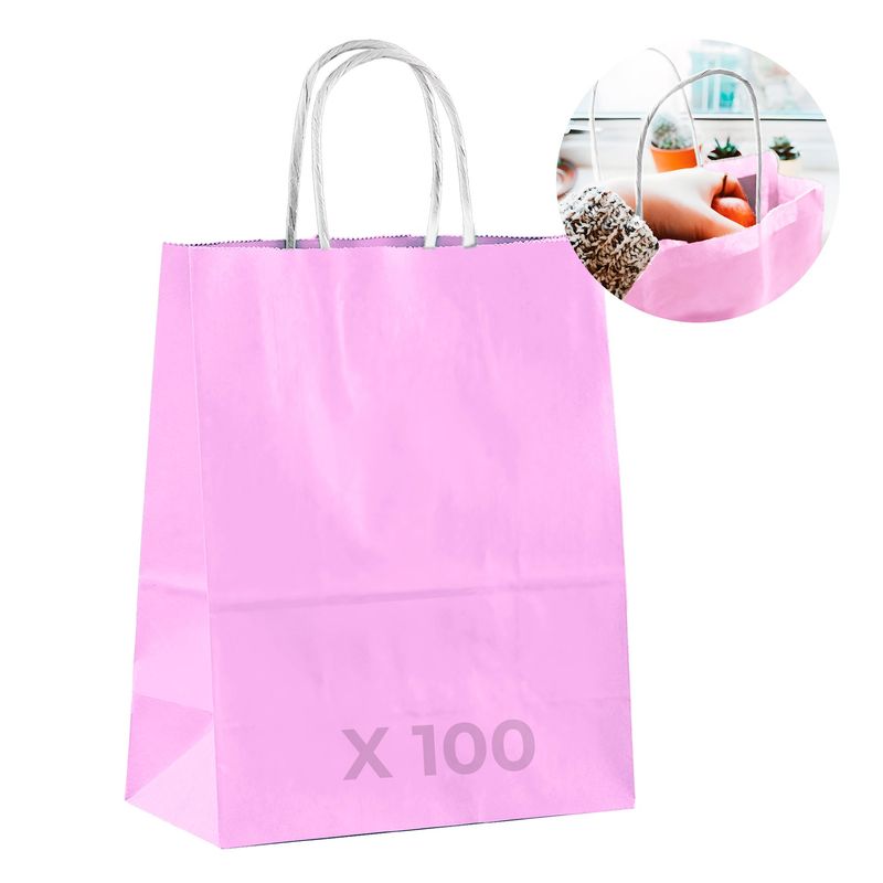 GENERICO - Bolsa Papel Kraft Ecológica Rosa 21X11X27 CM Pack X100