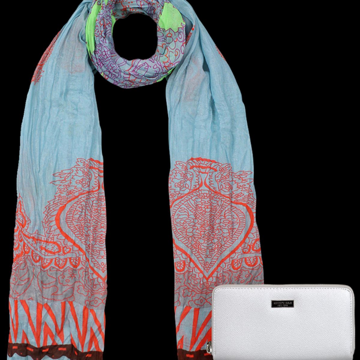 KENNETH COLE - Pack Billetera Bessie silver + Pañuelo Alcala celeste Kenneth Cole