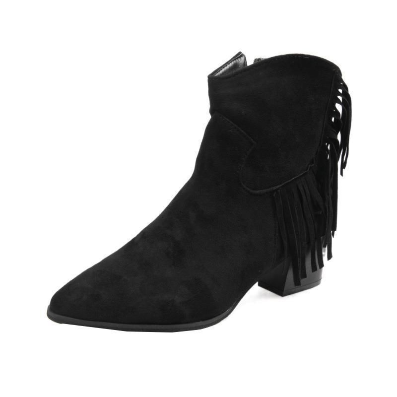 XHCY - Botas cowboy ribete con fleco de serraje falso con tacón grueso.
