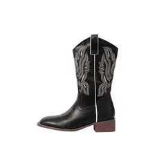 XHCY - Mujer con diseño con bordado de punta cuadrada con tacón grueso Botas