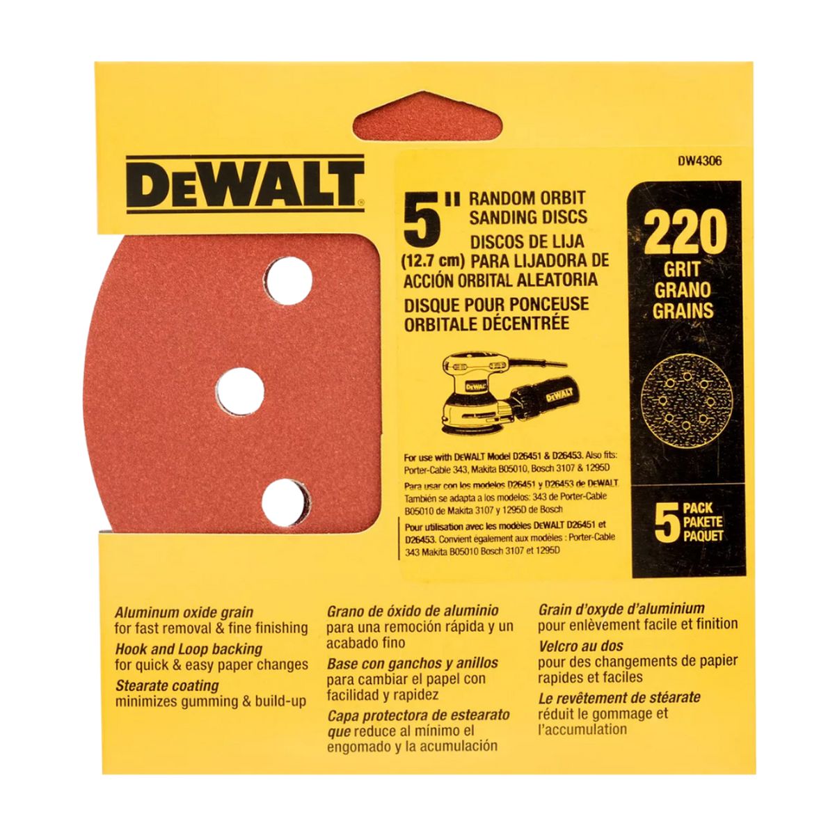 DEWALT - Set 5 Lijas De 5 (125 Mm) Dewalt DW4306 Grano 220