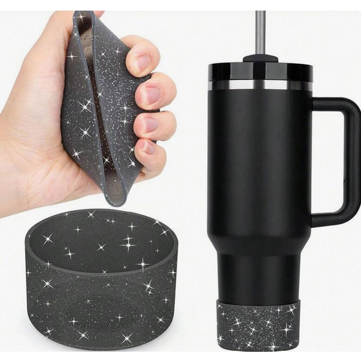 GENERICO - Funda De Silicona Con Brillantina Para Stanley Termo 20-40oz-NEGRO