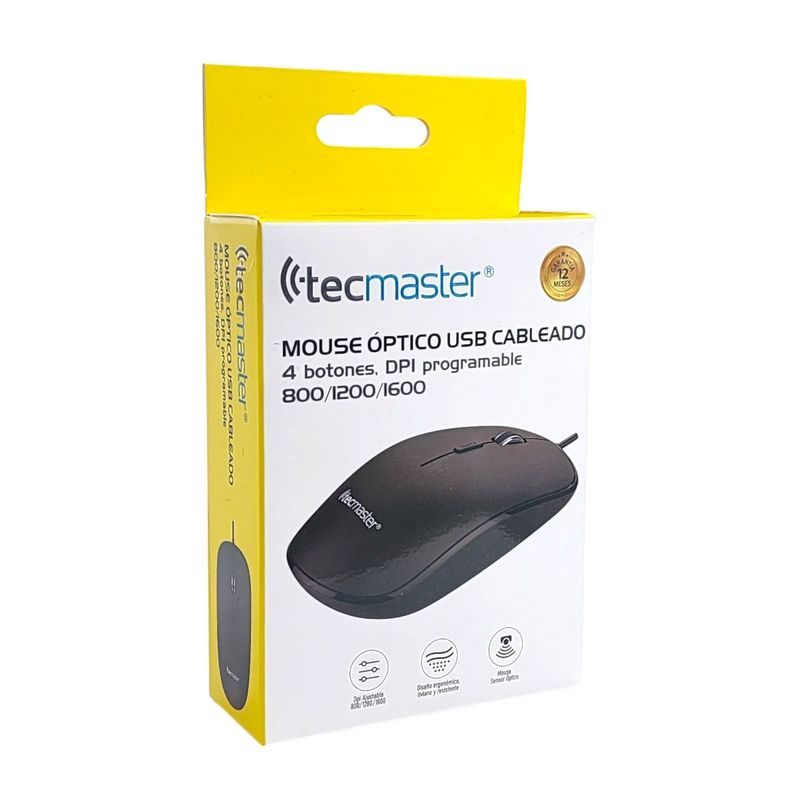 TECMASTER - Mouse Óptico con Cable USB 1600 dpi Tecmaster Negro