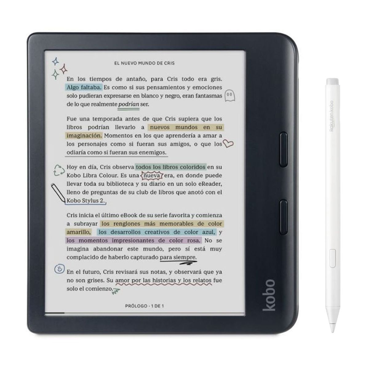KOBO - Lector e reader Kobo Libra Colour HD 7" 32GB Negro con Lápiz Stylus 2 Blanco