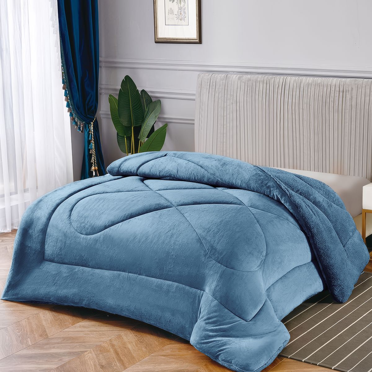 OKAERI - CUBRE CAMA CON CHIPORRO 2 PLAZAS - Azul - 2 PLAZAS