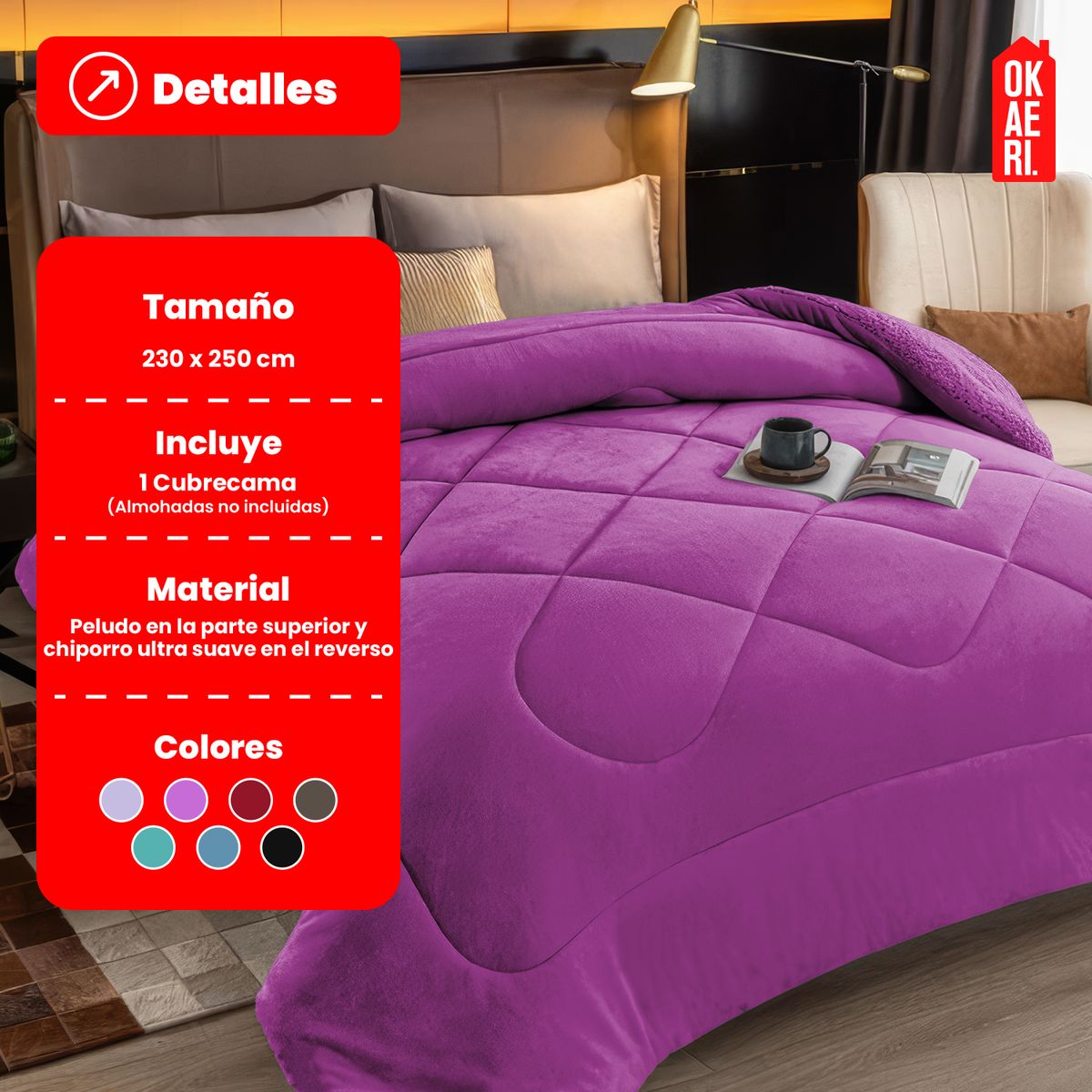 OKAERI - CUBRE CAMA CON CHIPORRO 2 PLAZAS - Vino - 2 PLAZAS