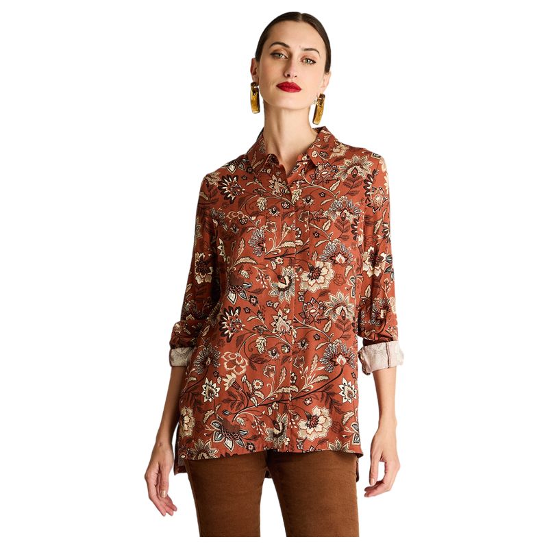 CURVI - Blusa Estampada Viscosa Twill Terracota