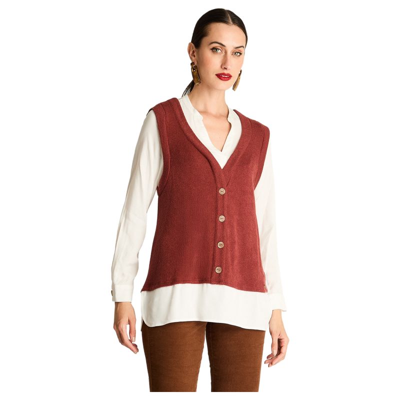 CURVI - Blusa Con Chaleco De Lanilla Terracota