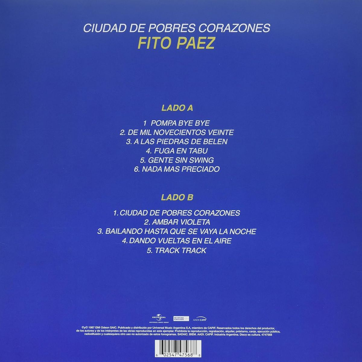 HITWAY MUSIC - FITO PAEZ - CIUDAD DE POBRES CORAZONES - VINILO