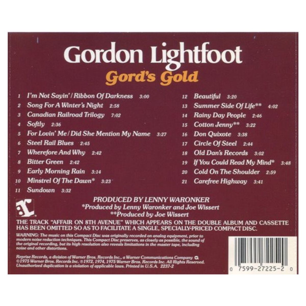 HITWAY MUSIC - GORDON LIGHTFOOT - GORDS GOLD  - CD