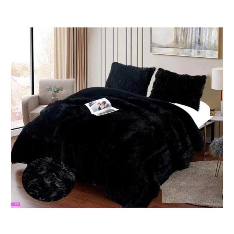 GENERICO - Cubrecama Chiporro Invierno Peludo Negro 2 plazas + dos funda