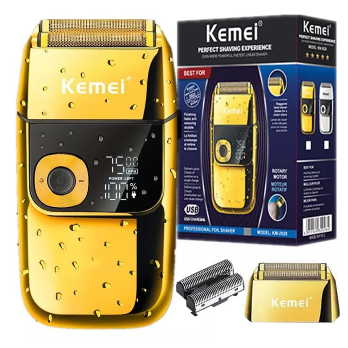 KEMEI - SHAVER MAQUINA DE AFEITAR PROFESIONAL INALAMBRICA USB CARCASA METALICA DORADA