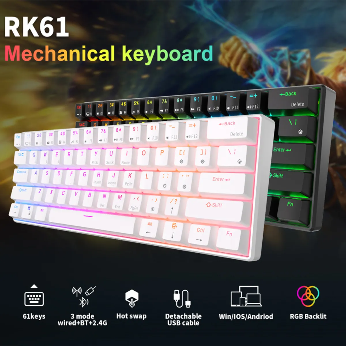 ROYAL KLUDGE - Rk royal kludge rk61 wireless wired 60 mechanical keyboard