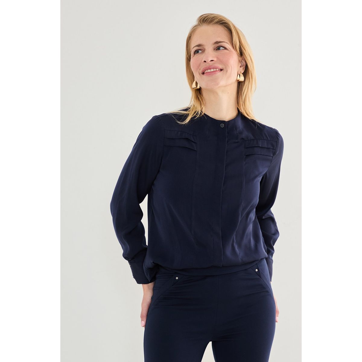 MA GRIFFE - Blusa Manga Larga Azul Marino Mujer Magriffe