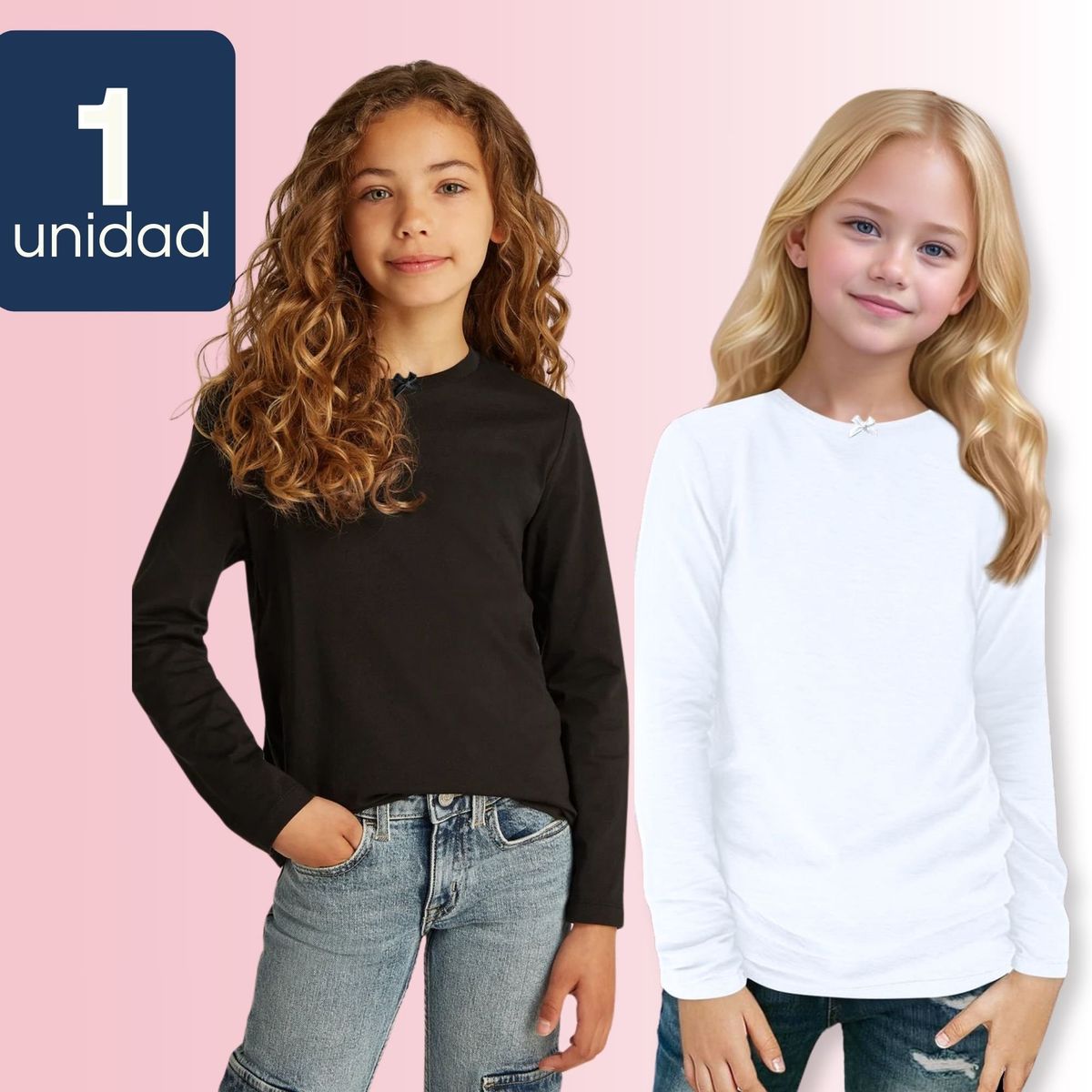 UTILISIMO - Camiseta Algodón Manga Larga Polera Niña Primera Capa Blanca Negra