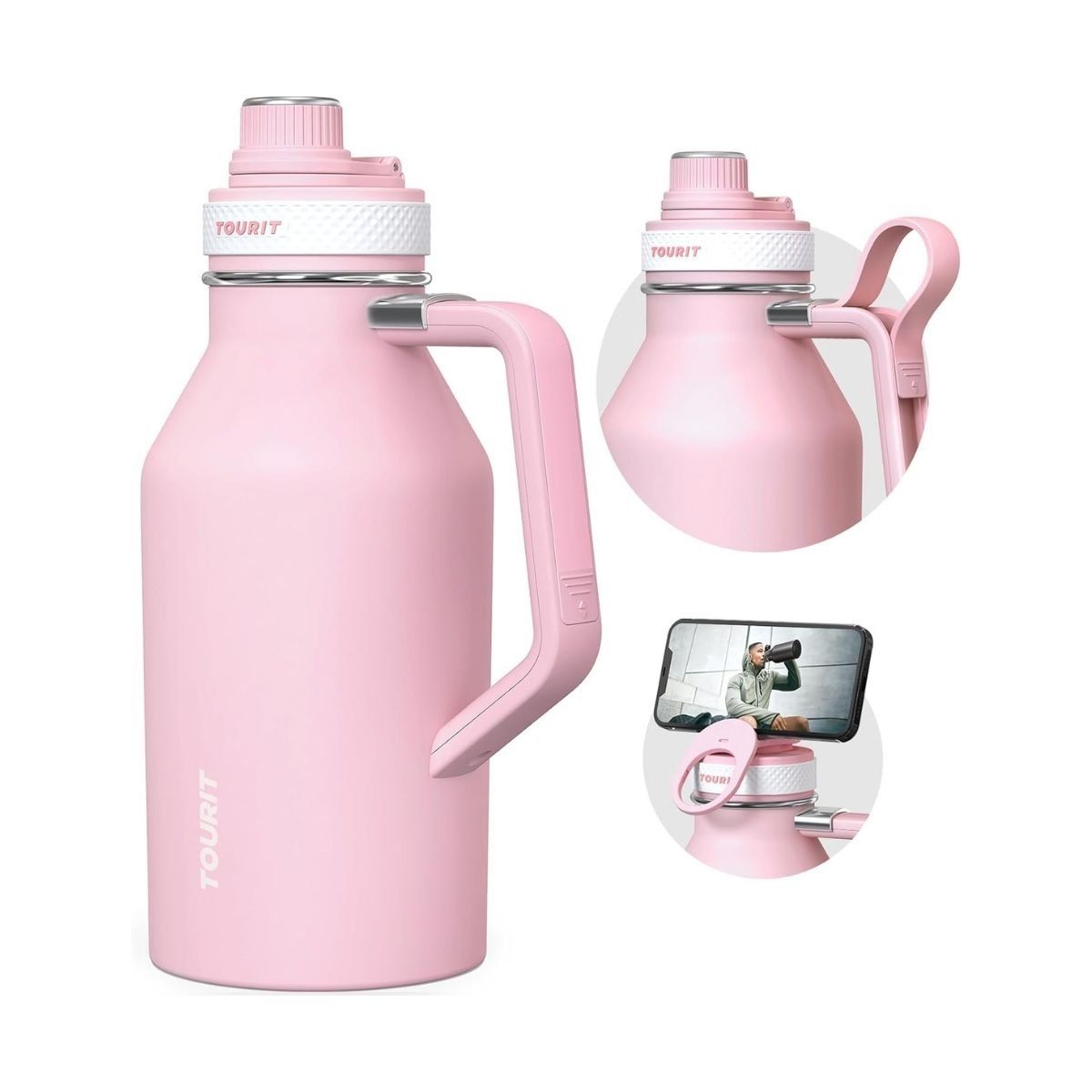 TOURIT - Tourit Botella de Agua Térmica Deportiva Anti Derrames con Asa 64oz - Rosado
