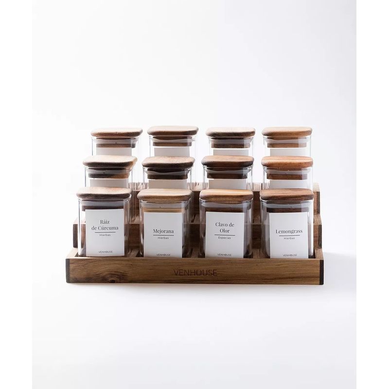 GENERICO - Especiero Cocina 12 Frascos Vidrio Acacia + Etiquetas Blancas