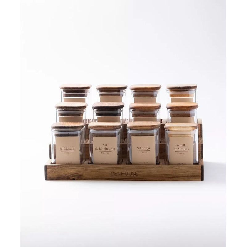 GENERICO - Especiero Cocina 12 Frascos Vidrio Acacia + Etiquetas Beiges